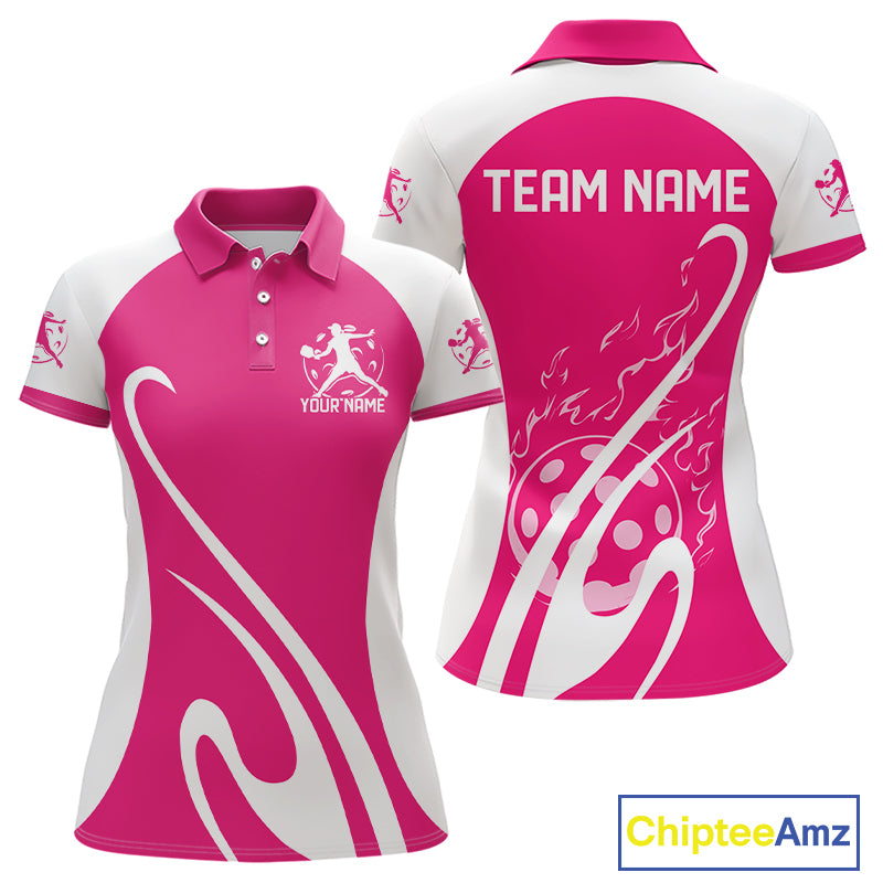 Custom White And Hot Pink Pickleball Women Polo, Flame Pickleball Tournament Team Shirt IPHW12723