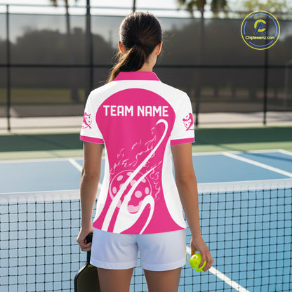 Custom White And Hot Pink Pickleball Women Polo, Flame Pickleball Tournament Team Shirt IPHW12723