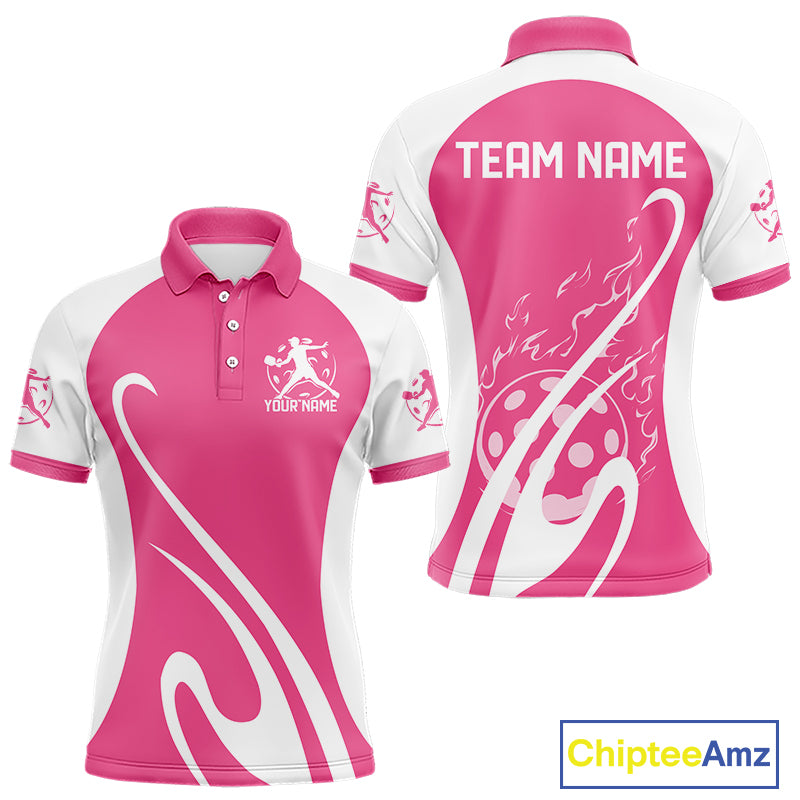 Custom White And Rose Pink Pickleball Men Polo, Flame Pickleball Tournament Team Shirt IPHW12724