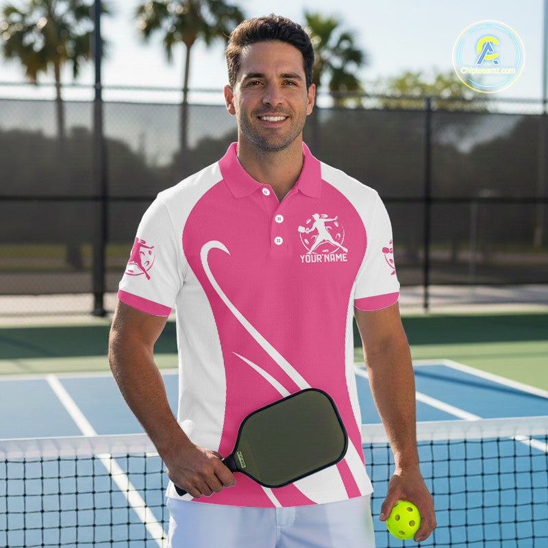 Custom White And Rose Pink Pickleball Men Polo, Flame Pickleball Tournament Team Shirt IPHW12724