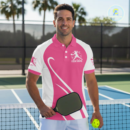 Custom White And Rose Pink Pickleball Men Polo, Flame Pickleball Tournament Team Shirt IPHW12724