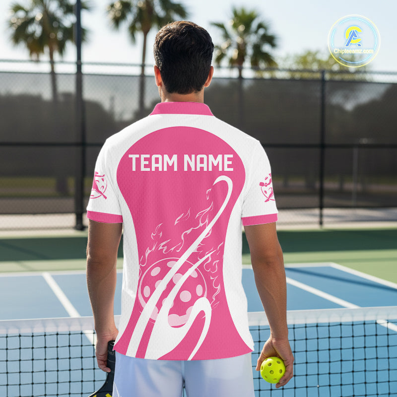 Custom White And Rose Pink Pickleball Men Polo, Flame Pickleball Tournament Team Shirt IPHW12724