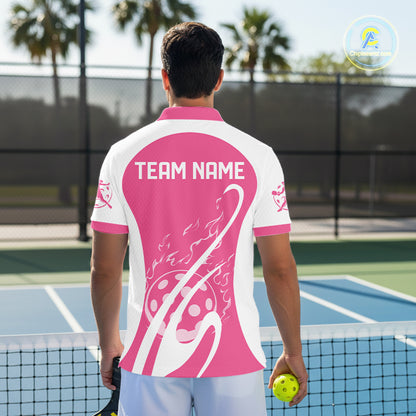Custom White And Rose Pink Pickleball Men Polo, Flame Pickleball Tournament Team Shirt IPHW12724