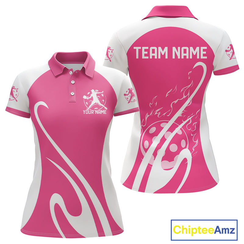 Custom White And Rose Pink Pickleball Women Polo, Flame Pickleball Tournament Team Shirt IPHW12724