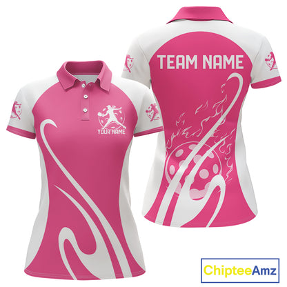 Custom White And Rose Pink Pickleball Women Polo, Flame Pickleball Tournament Team Shirt IPHW12724