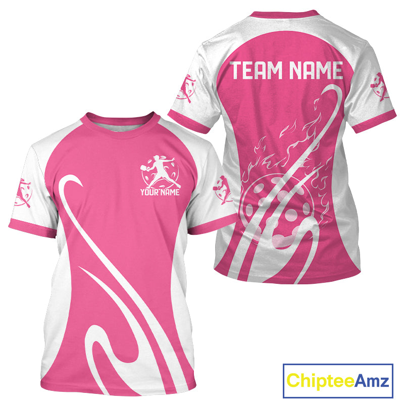 Custom White And Rose Pink Pickleball Men T-Shirts, Flame Pickleball Tournament Team IPHW12724