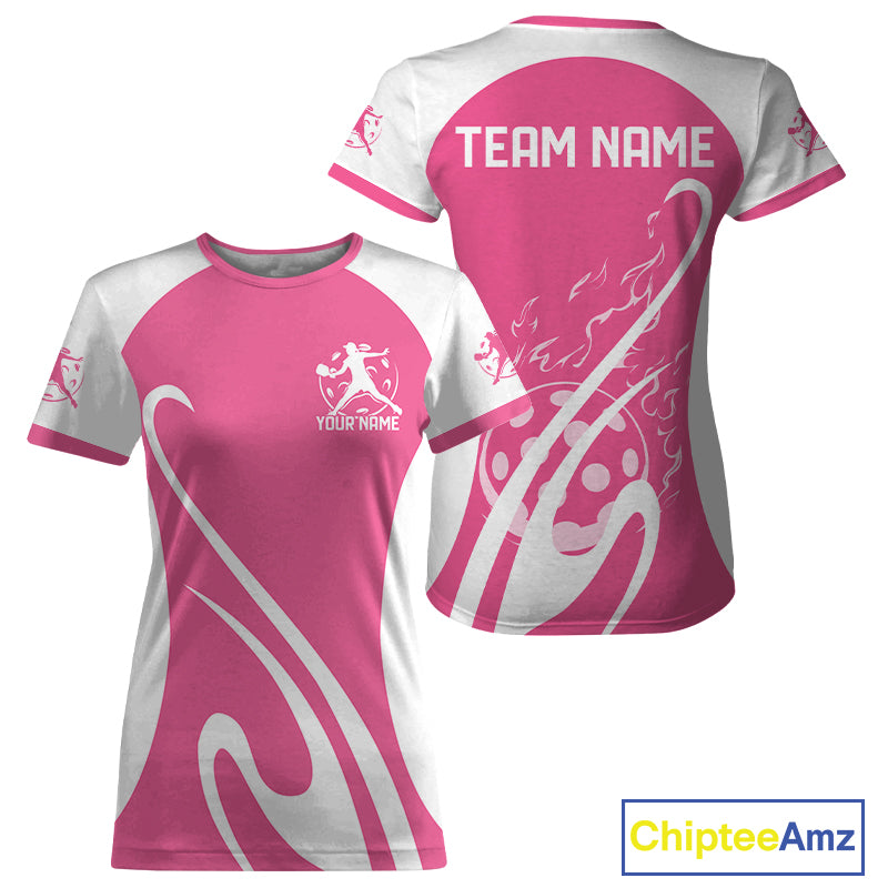 Custom White And Rose Pink Pickleball Women T-Shirts, Flame Pickleball Tournament Team IPHW12724