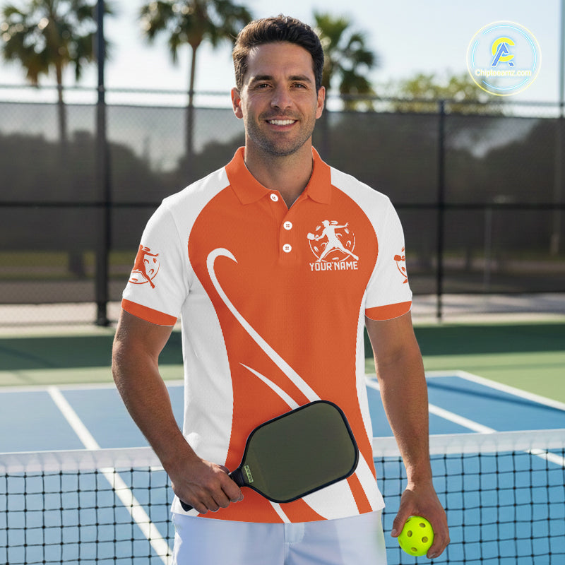 Custom White And Orange Pickleball Men Polo, Flame Pickleball Tournament Team Shirt IPHW12725