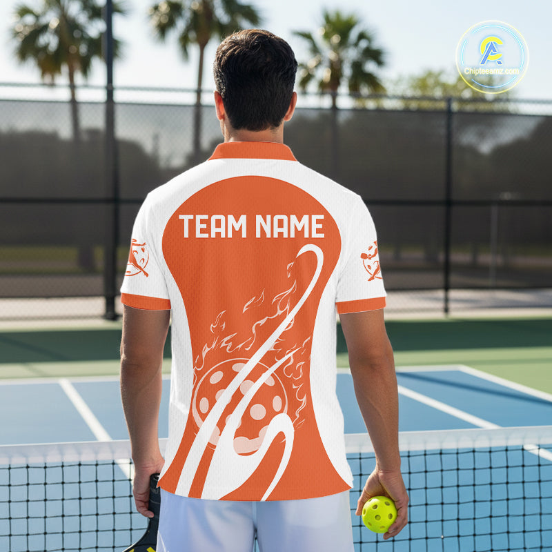 Custom White And Orange Pickleball Men Polo, Flame Pickleball Tournament Team Shirt IPHW12725