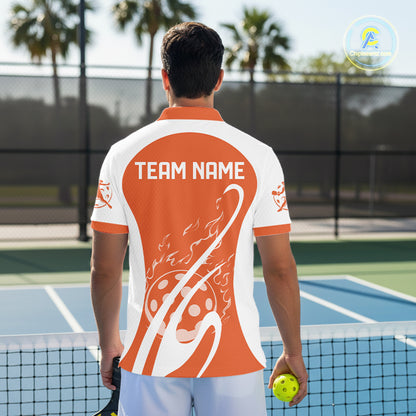 Custom White And Orange Pickleball Men Polo, Flame Pickleball Tournament Team Shirt IPHW12725