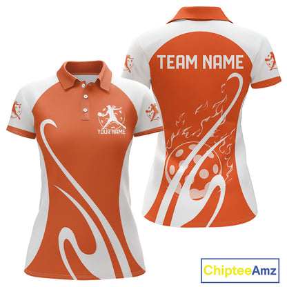Custom White And Orange Pickleball Women Polo, Flame Pickleball Tournament Team Shirt IPHW12725