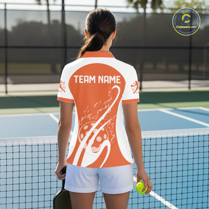 Custom White And Orange Pickleball Women Polo, Flame Pickleball Tournament Team Shirt IPHW12725