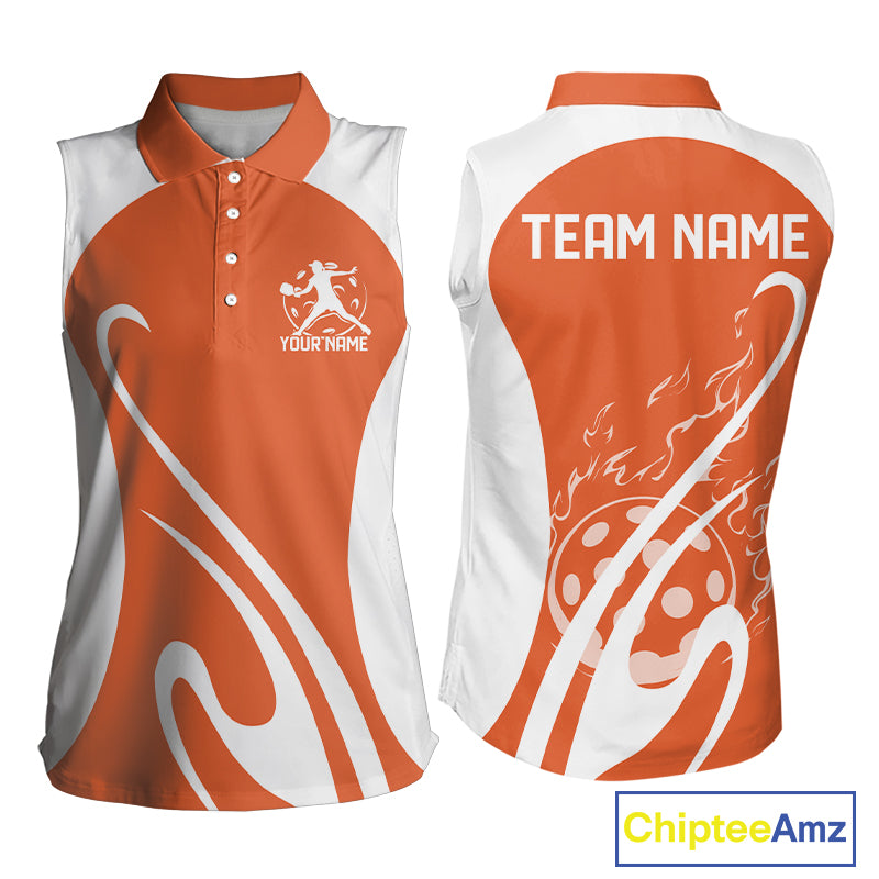 Custom White And Orange Pickleball Women Sleeveless Polo, Flame Pickleball Tournament Team Shirt IPHW12725