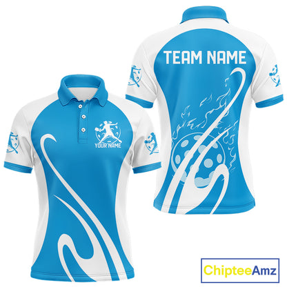 Custom White And Sky Blue Pickleball Men Polo, Flame Pickleball Tournament Team Shirt IPHW12726