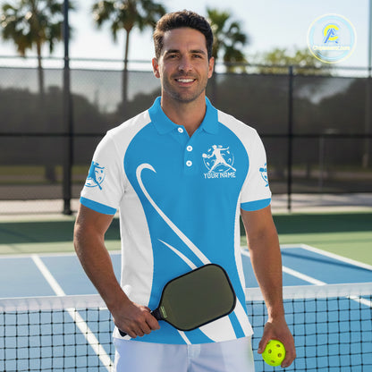 Custom White And Sky Blue Pickleball Men Polo, Flame Pickleball Tournament Team Shirt IPHW12726