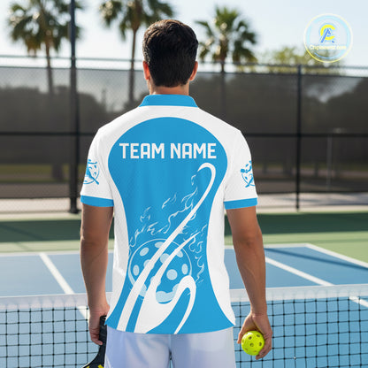 Custom White And Sky Blue Pickleball Men Polo, Flame Pickleball Tournament Team Shirt IPHW12726