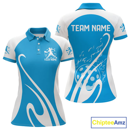 Custom White And Sky Blue Pickleball Women Polo, Flame Pickleball Tournament Team Shirt IPHW12726