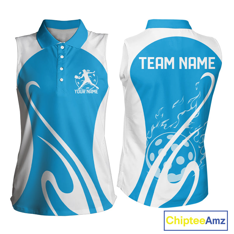 Custom White And Sky Blue Pickleball Women Sleeveless Polo, Flame Pickleball Tournament Shirt IPHW12726