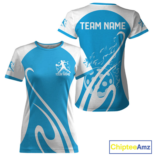 Custom White And Sky Blue Pickleball Women T-Shirts, Flame Pickleball Tournament Team IPHW12726