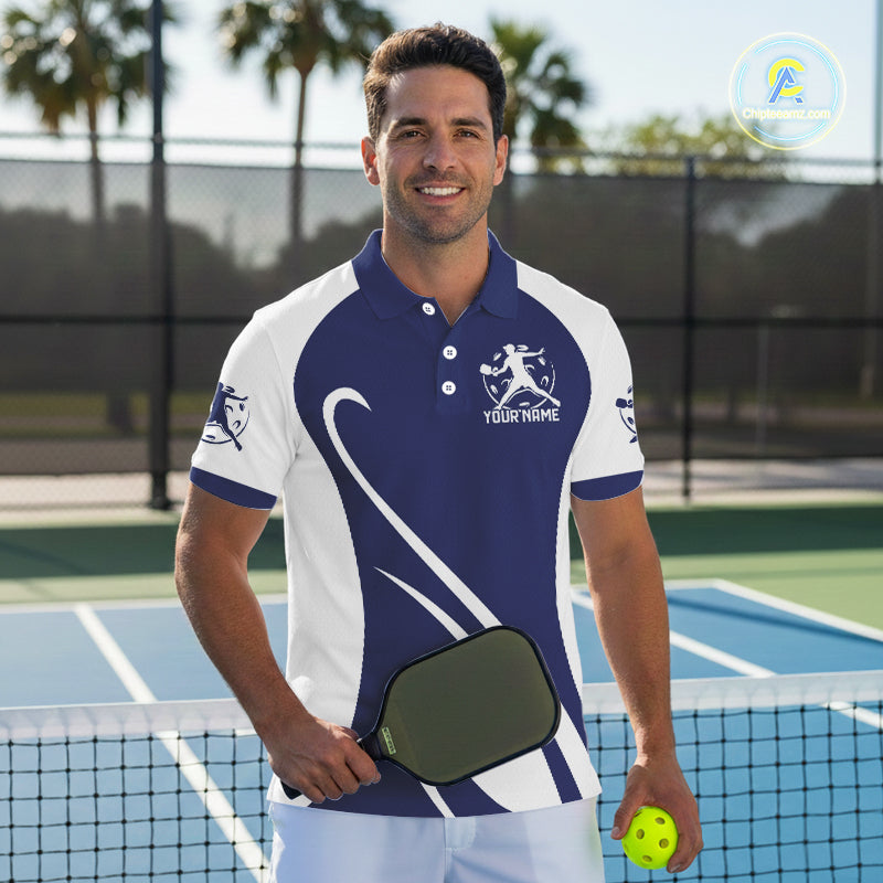 Custom White And Navy Blue Pickleball Men Polo, Flame Pickleball Tournament Team Shirt IPHW12727