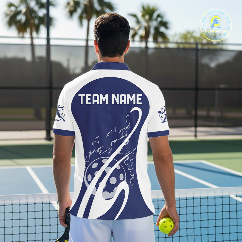 Custom White And Navy Blue Pickleball Men Polo, Flame Pickleball Tournament Team Shirt IPHW12727