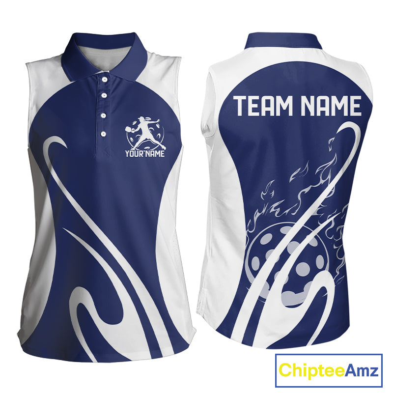 Custom White And Navy Blue Pickleball Women Sleeveless Polo, Flame Pickleball Tournament Shirt IPHW12727