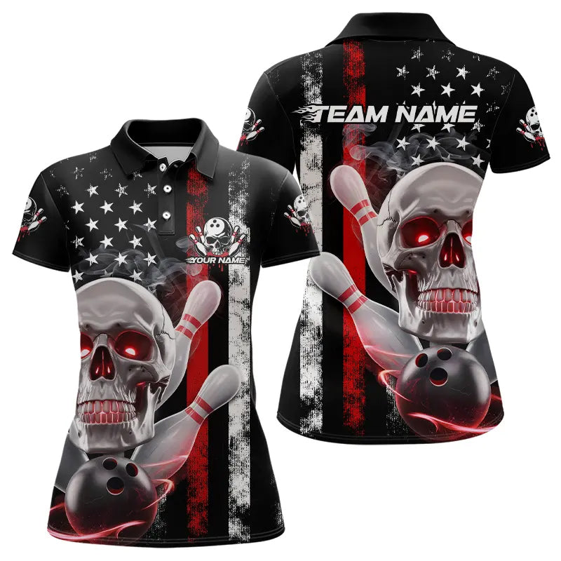 Red Thin Line American Flag Custom Patriotic US Skull Bowling Polo Shirts For Women IPHW8186