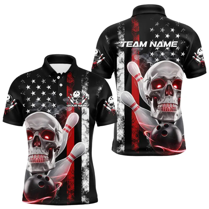 Red Thin Line American Flag Custom Patriotic US Skull Bowling Polo Shirts For Men IPHW8186