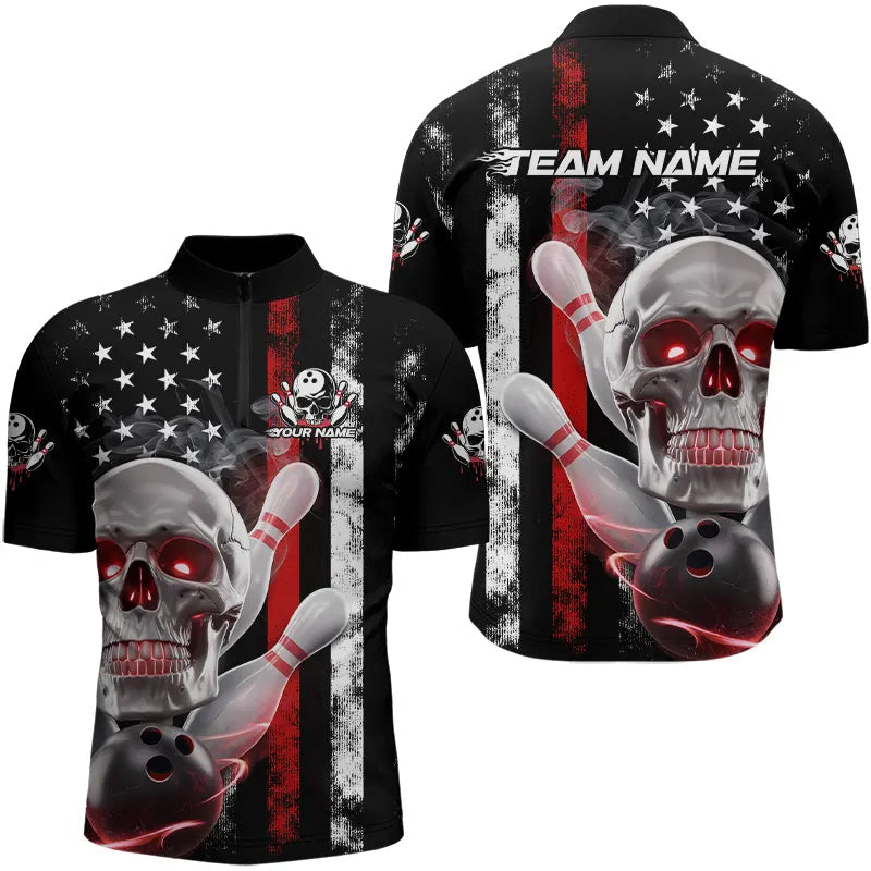 Red Thin Line American Flag Custom Patriotic US Skull Bowling Quarter-Zip Shirts For Men IPHW8186