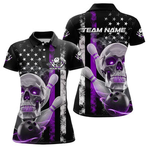 Purple Thin Line American Flag Custom Patriotic US Skull Bowling Polo Shirts For Women IPHW8187