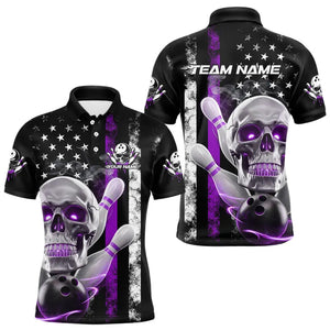 Purple Thin Line American Flag Custom Patriotic US Skull Bowling Polo Shirts For Men IPHW8187