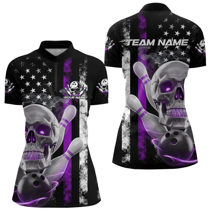 Purple Thin Line American Flag Custom Patriotic US Skull Women's Bowling Quarter-Zip Shirts IPHW8187