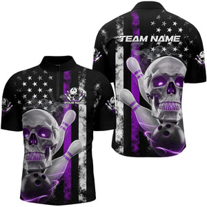 Purple Thin Line American Flag Custom Patriotic US Skull Bowling Quarter-Zip Shirts For Men IPHW8187