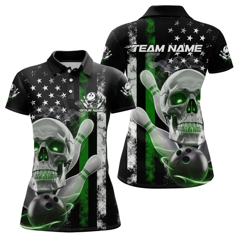 Green Thin Line American Flag Custom Patriotic US Skull Bowling Polo Shirts For Women IPHW8188