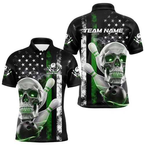 Green Thin Line American Flag Custom Patriotic US Skull Bowling Polo Shirts For Men IPHW8188