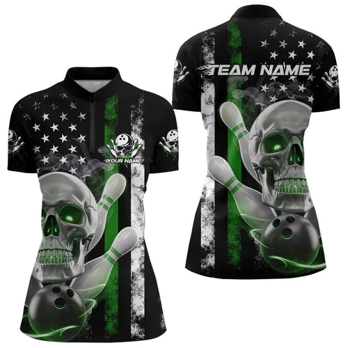 Green Thin Line American Flag Custom Patriotic US Skull Bowling Quarter-Zip Shirts For Women IPHW8188