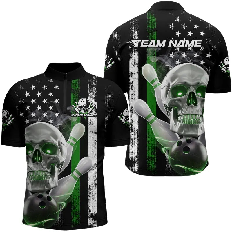 Green Thin Line American Flag Custom Patriotic US Skull Bowling Quarter-Zip Shirts For Men IPHW8188