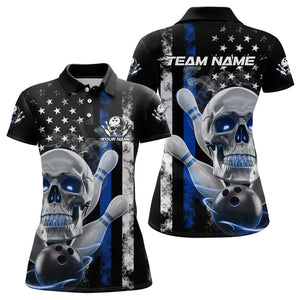 Blue Thin Line American Flag Custom Patriotic US Skull Bowling Polo Shirts For Women IPHW8189