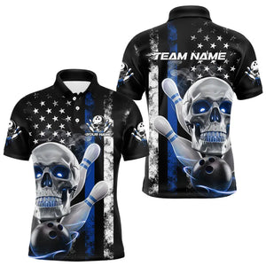 Blue Thin Line American Flag Custom Patriotic US Skull Bowling Polo Shirts For Men IPHW8189