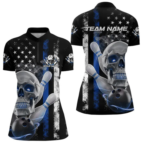 Blue Thin Line American Flag Custom Patriotic US Skull Bowling Quarter-Zip Shirts For Women IPHW8189