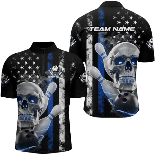 Blue Thin Line American Flag Custom Patriotic US Skull Bowling Quarter-Zip Shirts For Men IPHW8189