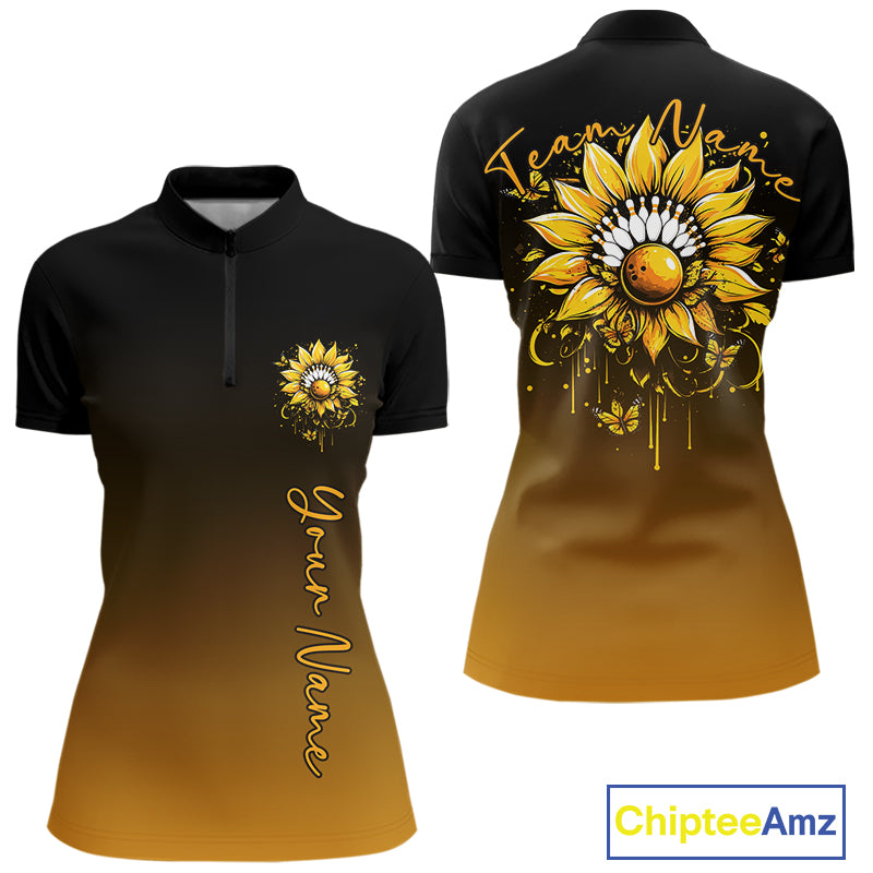 Custom Butterfly Sunflower Bowling Women Quarter-Zip Shirts, Bowling Tournament Shirt IPHW10263