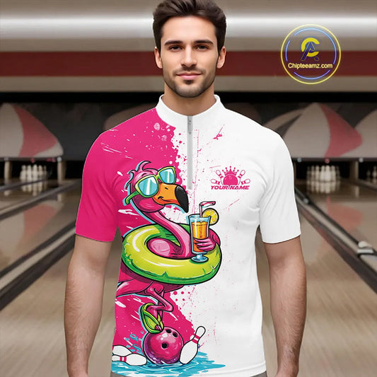 Custom Funny Flamingo Bowling Men Quarter-Zip Shirt, Flamingo Bowling Tourmanent Shirt IPHW10266