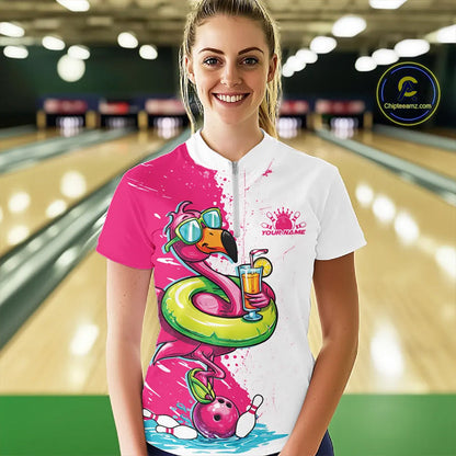 Custom Funny Flamingo Bowling Women Quarter-Zip Shirt, Flamingo Bowling Tourmanent Shirt IPHW10266