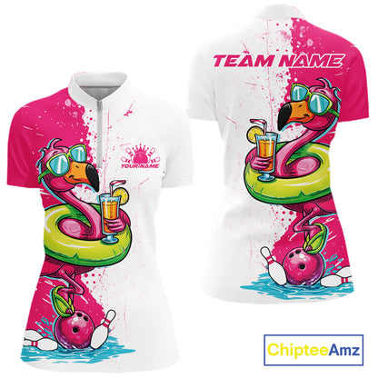 Custom Funny Flamingo Bowling Women Quarter-Zip Shirt, Flamingo Bowling Tourmanent Shirt IPHW10266
