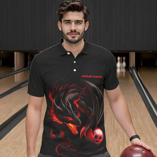 Custom Black And Red Dragon Bowling Polo Shirts For Men, Dragon Bowling Tournament Team Shirt IPHW8418