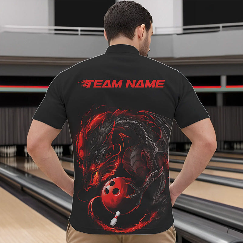 Custom Black And Red Dragon Bowling Quarter-Zip Shirts For Men, Dragon Bowling Tournament Team Shirt IPHW8418