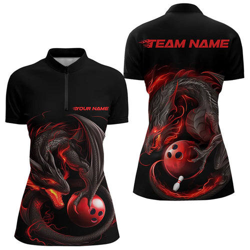 Custom Black And Red Dragon Bowling Womens Quarter-Zip Shirts, Dragon Bowling Team Shirt IPHW8418