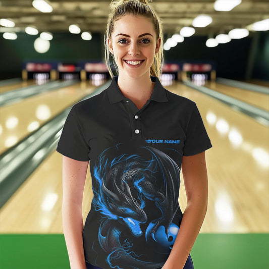 Custom Black And Blue Dragon Womens Bowling Polo Shirts, Bowling Tournament Team Shirt IPHW8419