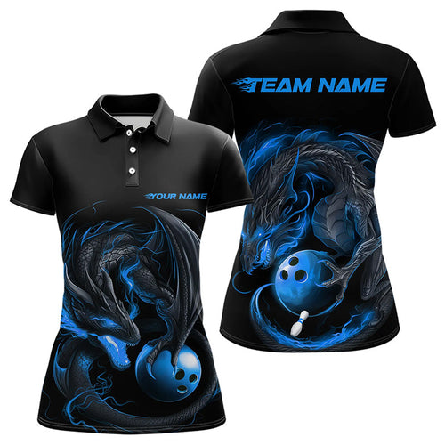 Custom Black And Blue Dragon Womens Bowling Polo Shirts, Bowling Tournament Team Shirt IPHW8419